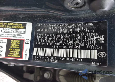 2014 Toyota Camry Le z USA, uszkodzony, nr VIN 4T4BF1FK5ER396059